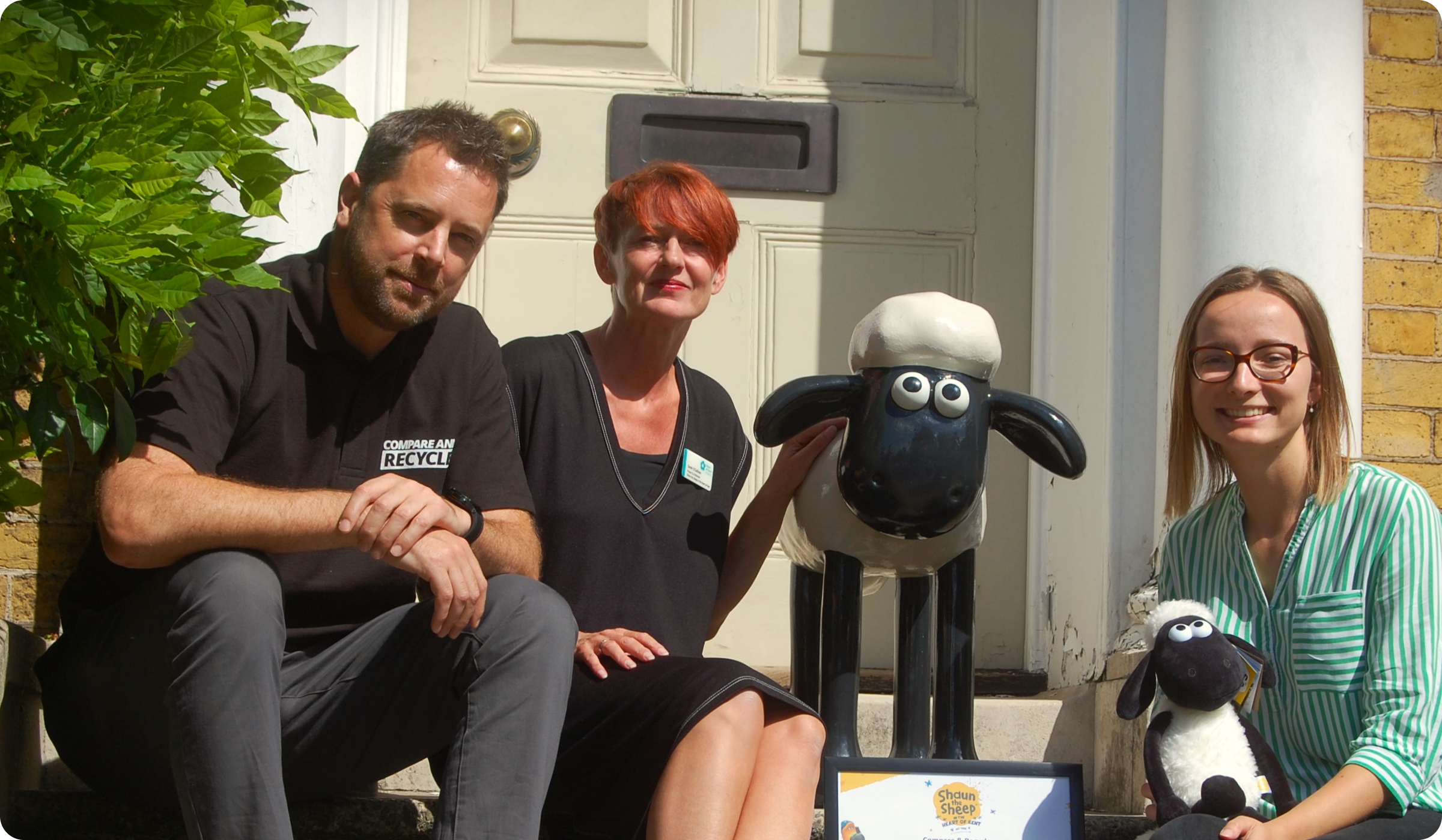 Tim Nicholson, Antonia Hristov from Compare and Recycle with Sarah O'Sullivan from Heart of Kent Hospice and little Shaun The Sheep character