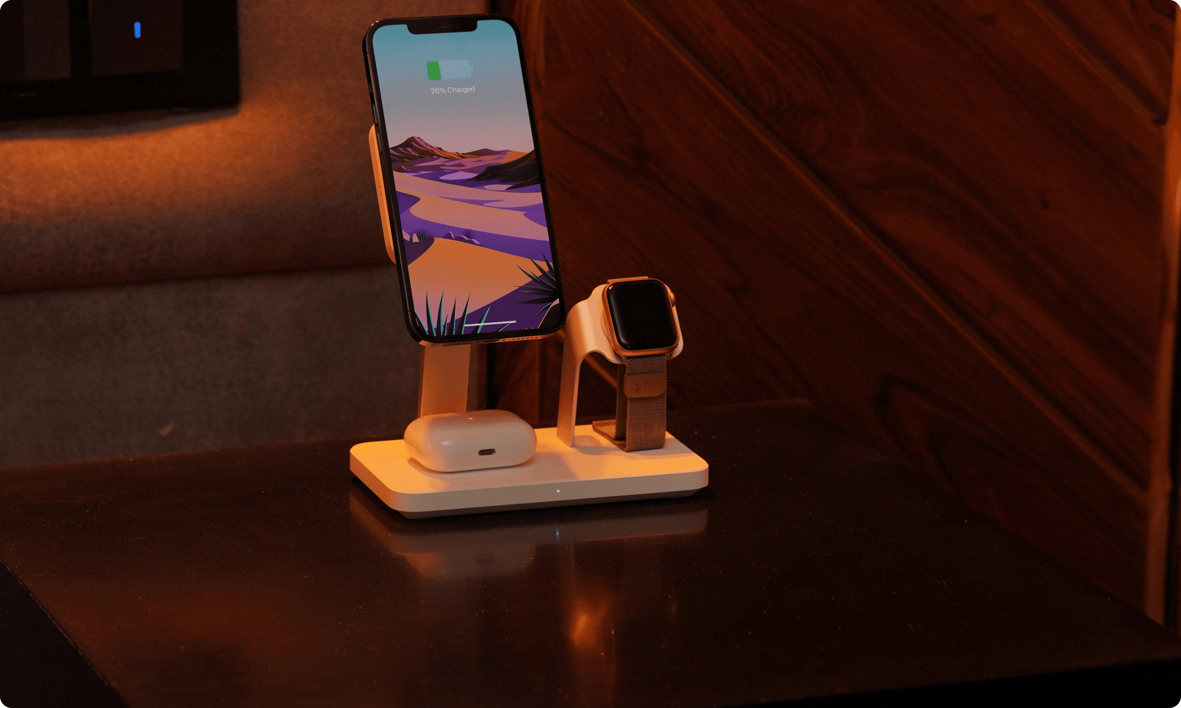 iPhone 12 Pro Max Wireless Charging Stand with AirPods and Apple Watch.