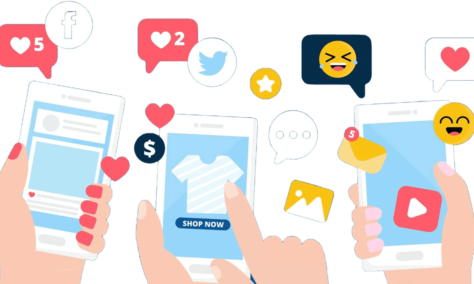 Illustration showing fingers tapping on phones with social media notifications.