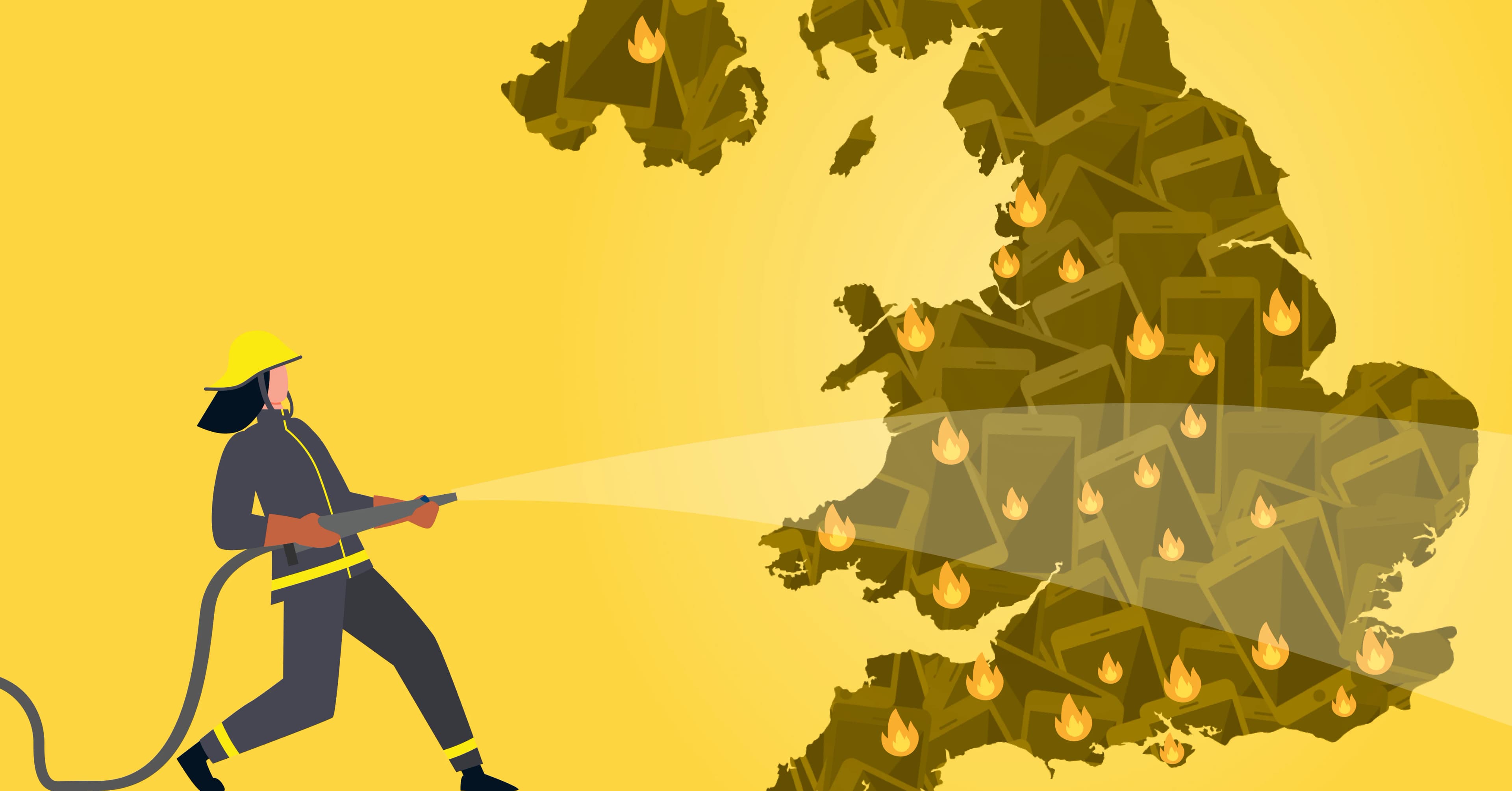 uk map with fire icons dotted around regions with lithium ion battery related fires and a silhouette of a firefighter directing a hose towards fires